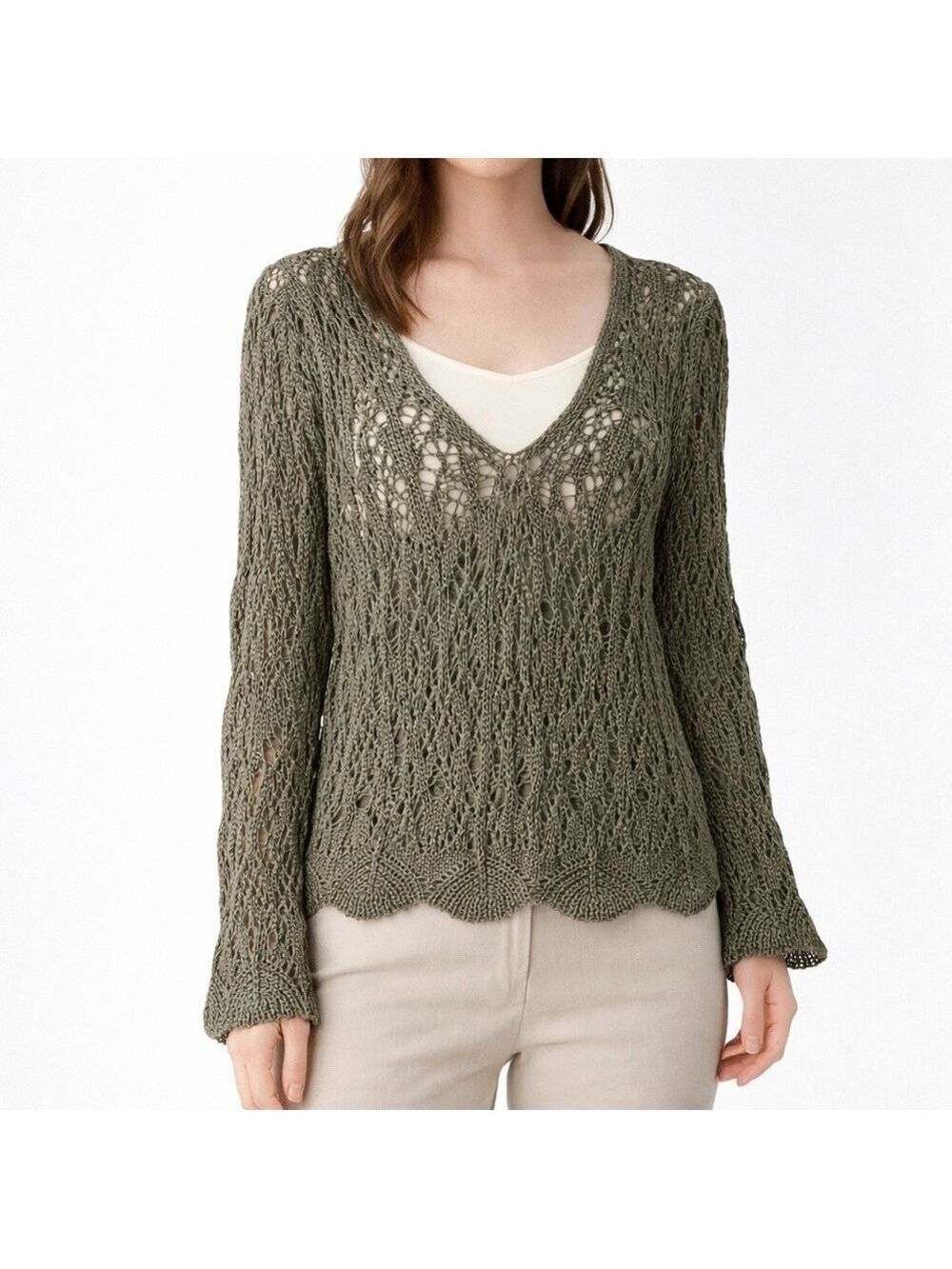 JOHN P. GREECE 100% Pima Cotton Olive Green Open Knit / Crochet Sweater Sz L